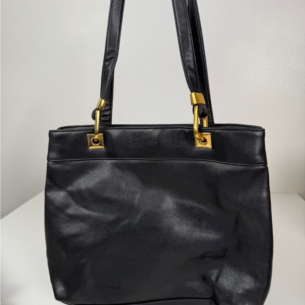 Black Leather Organizer Tote Bag | Shoulder Bag with Built-In Wallet